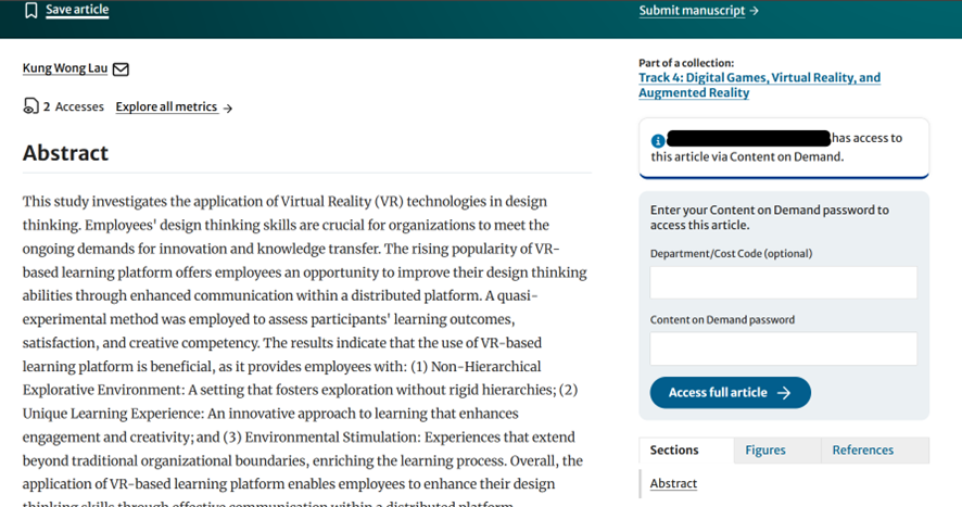 オンライン学術ジャーナルの論文ページ。VR技術を活用したデザイン思考の学習に関する研究のAbstractが中央に表示され、右側にパスワード入力と「Access full article」ボタンが配置されている。
