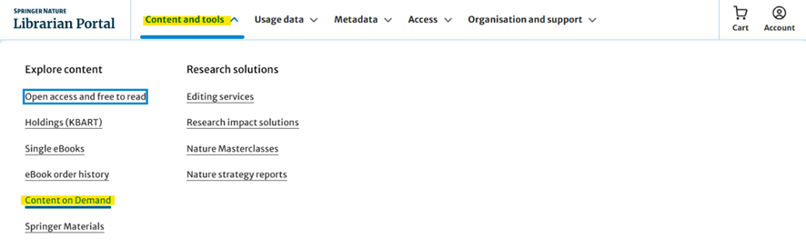 Springer NatureのLibrarian Portal画面。ナビゲーションメニューの「Content and tools」が選択され、左側に「Open access」「Content on Demand」などの項目一覧が表示されている。