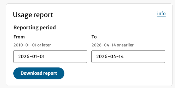 利用状況レポートの作成画面。Reporting periodの欄で、開始日と終了日を指定でき、レポートをダウンロードするためのボタンが配置されている。