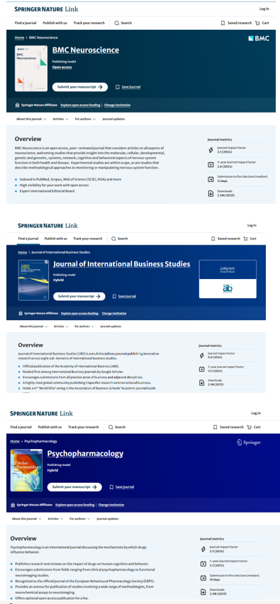 a screenshot of three different journal homepages from Springer Nature Link site.