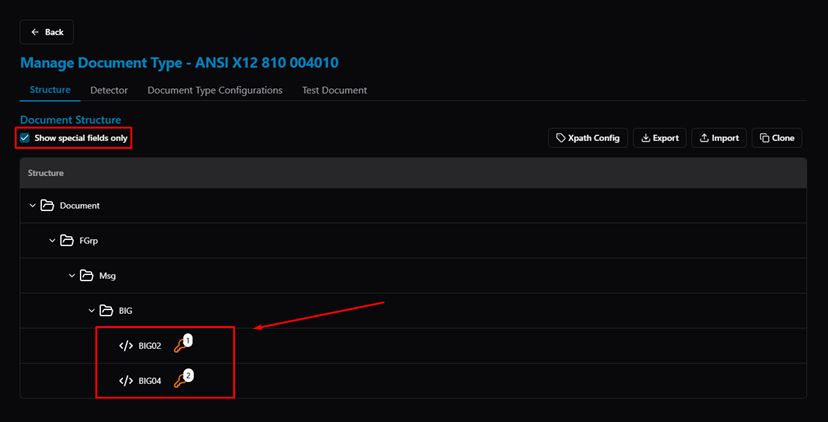 Title: Structure tab — Show special fields only (key icon marks special fields like BIG02, BIG04) - Description: Structure tab — Show special fields only (key icon marks special fields like BIG02, BIG04)