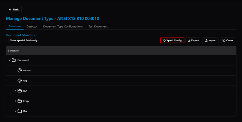 Title: Structure tab — Xpath Config button (configure Partner XPath, Split XPath, etc.) - Description: Structure tab — Xpath Config button (configure Partner XPath, Split XPath, etc.)