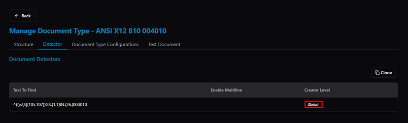 Title: Manage Document Type — Detector tab showing regex pattern and Creator Level - Description: Manage Document Type — Detector tab showing regex pattern and Creator Level