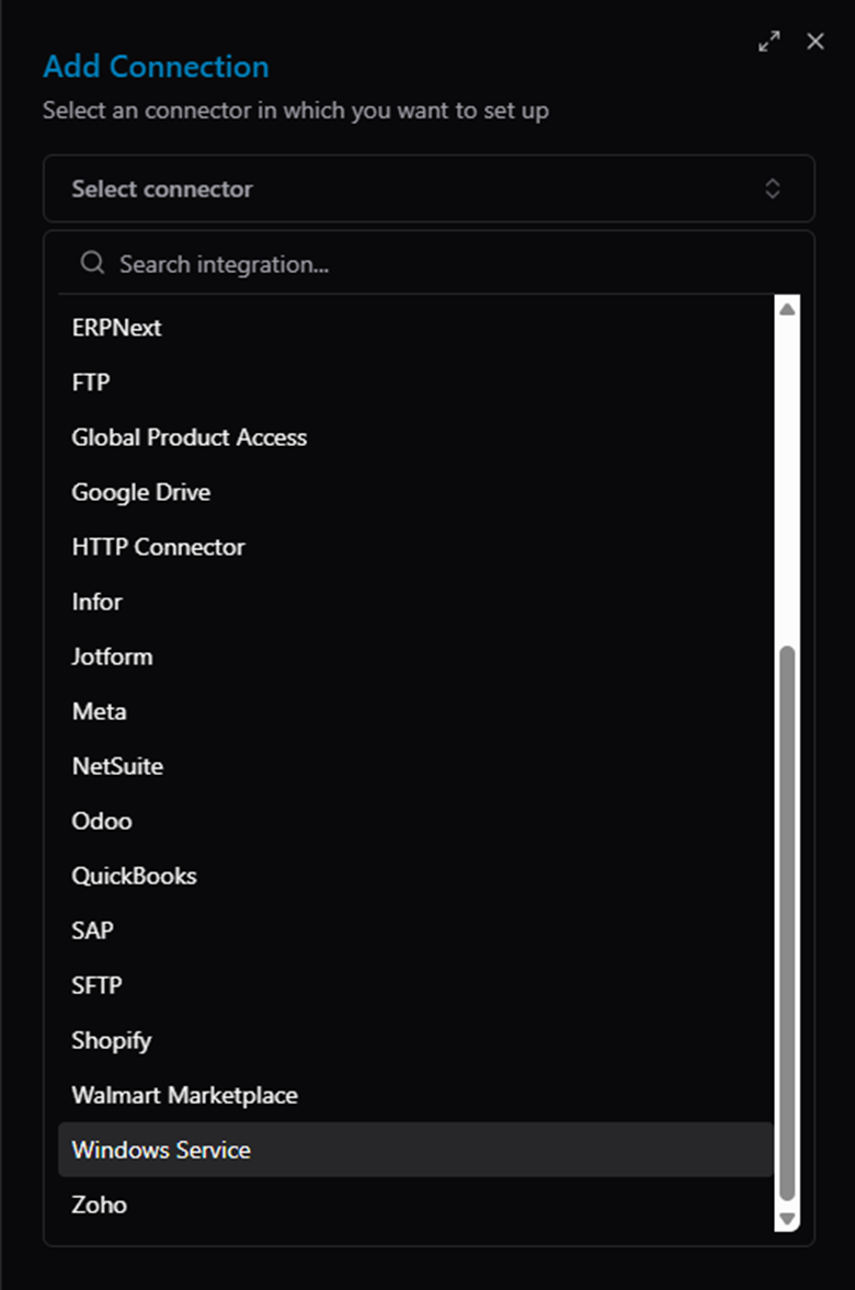 Title: Add Connection — available connector types - Description: Add Connection — available connector types