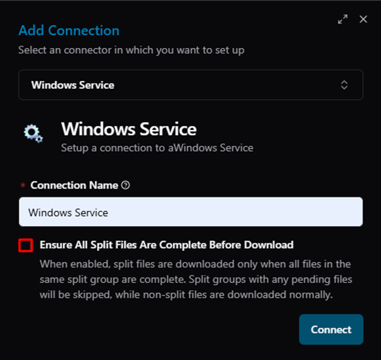 Title: Add Connection — optional settings (e.g., Ensure All Split Files Are Complete Before Download) - Description: Add Connection — optional settings (e.g., Ensure All Split Files Are Complete Before Download)