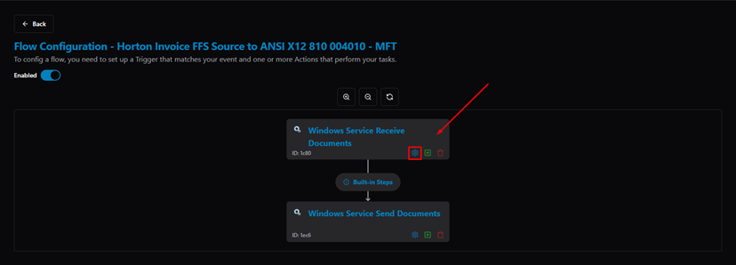 Title: Flow Detail — click the settings icon on a step to open Step Configuration - Description: Flow Detail — click the settings icon on a step to open Step Configuration