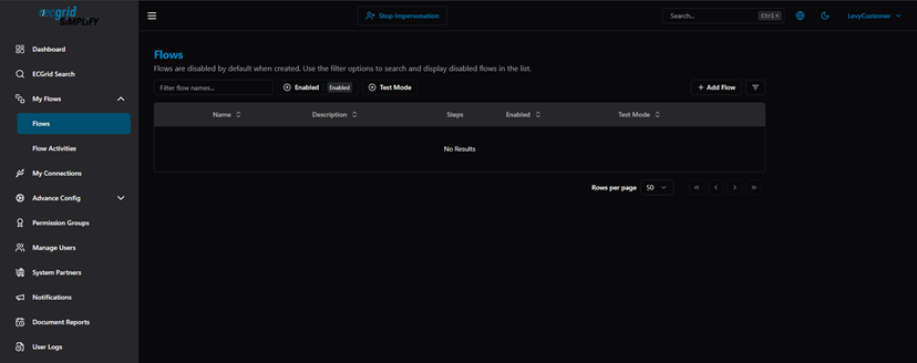 Title: Flows list — Customer account (Stop Impersonation banner visible) - Description: Flows list — Customer account (Stop Impersonation banner visible)