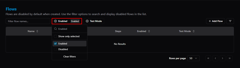 Title: Flows — Filter by Enabled / Disabled status - Description: Flows — Filter by Enabled / Disabled status