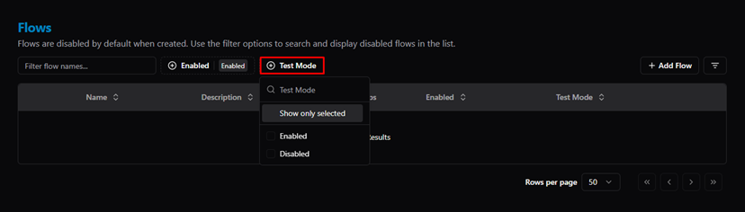 Title: Flows — Filter by Test Mode - Description: Flows — Filter by Test Mode