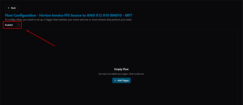 Title: Flow Configuration — new empty flow, Enabled toggle OFF - Description: Flow Configuration — new empty flow, Enabled toggle OFF