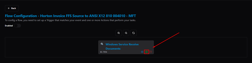 Title: Flow Configuration — Trigger added, + button to add Action - Description: Flow Configuration — Trigger added, + button to add Action