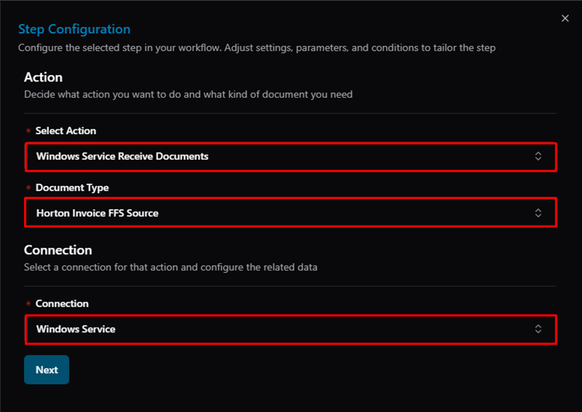 Title: Step Configuration — Select Action, Document Type, Connection - Description: Step Configuration — Select Action, Document Type, Connection