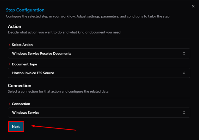 Title: Step Configuration — Next button - Description: Step Configuration — Next button