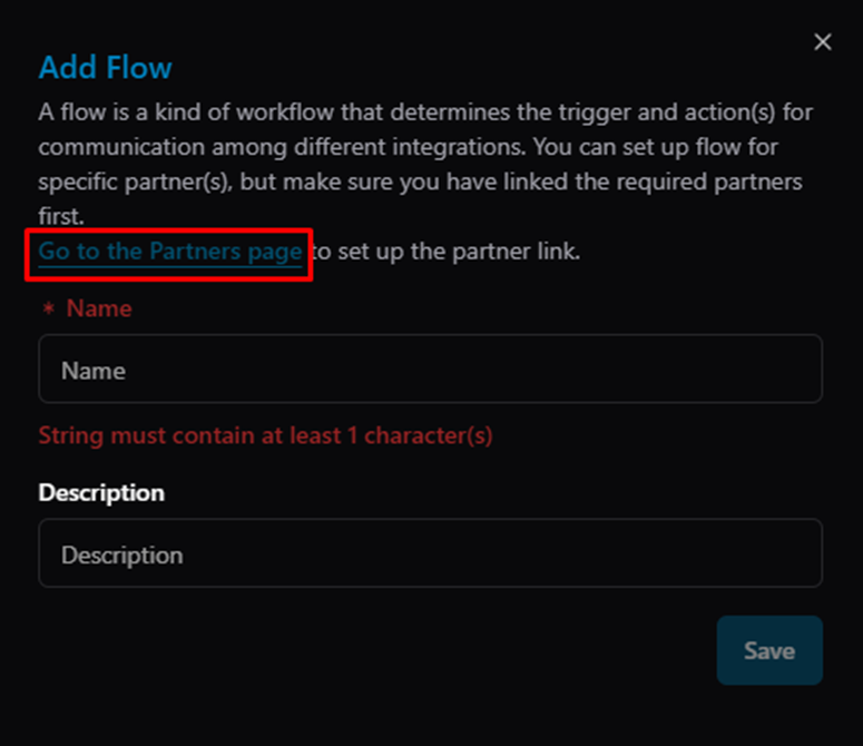 Title: Add Flow dialog — Go to Partners page link - Description: Add Flow dialog — Go to Partners page link