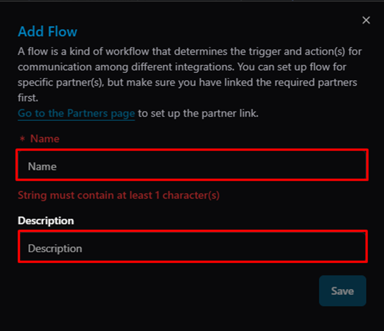 Title: Add Flow dialog — Name field (required) - Description: Add Flow dialog — Name field (required)