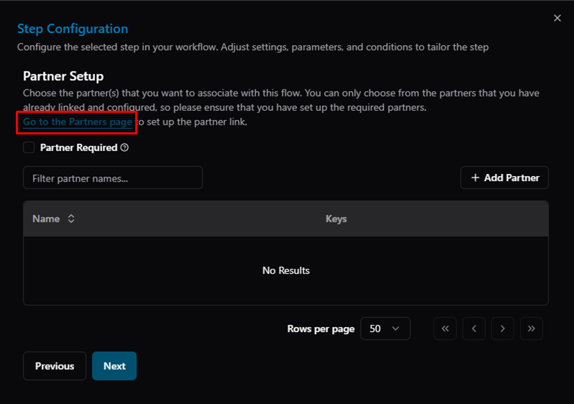 Title: Step Configuration — Partner Setup, Go to Partners page link - Description: Step Configuration — Partner Setup, Go to Partners page link