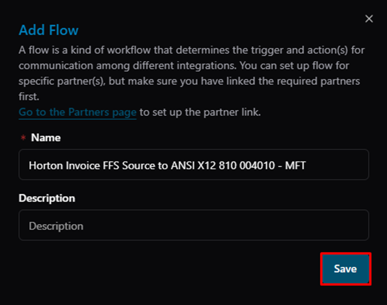 Title: Add Flow dialog — filled Name + Save button - Description: Add Flow dialog — filled Name + Save button