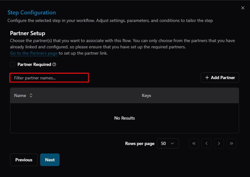 Title: Step Configuration — Filter partner names - Description: Step Configuration — Filter partner names