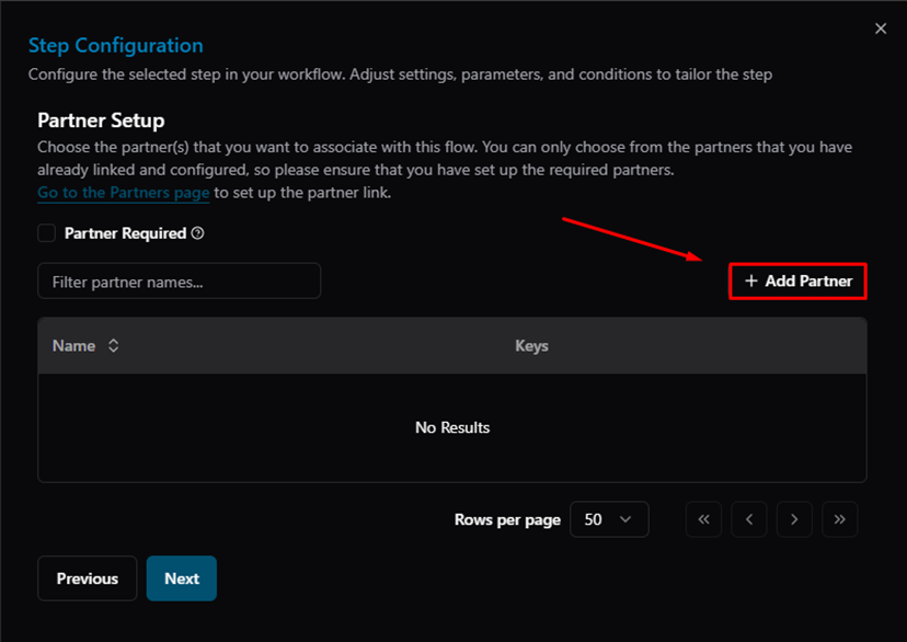 Title: Step Configuration — + Add Partner button - Description: Step Configuration — + Add Partner button