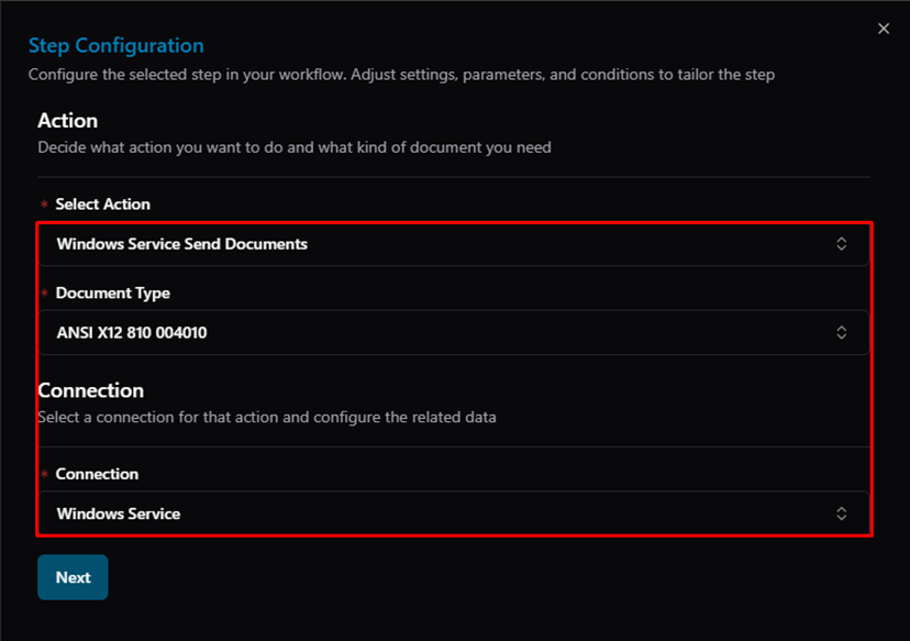 Title: Action Step Configuration — Select Action, Document Type, Connection - Description: Action Step Configuration — Select Action, Document Type, Connection