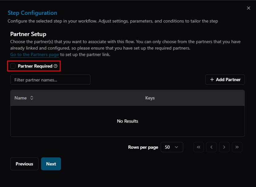 Title: Step Configuration — Partner Required checkbox - Description: Step Configuration — Partner Required checkbox