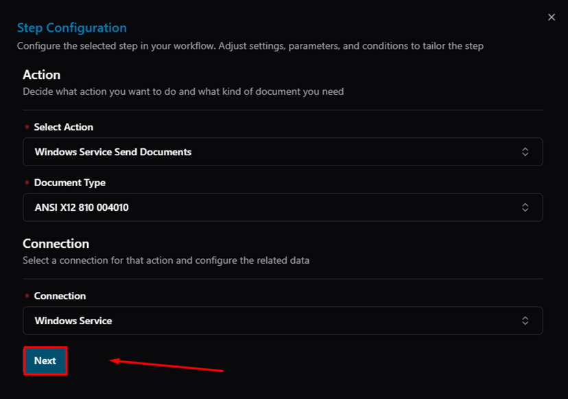 Title: Action Step Configuration — Next button - Description: Action Step Configuration — Next button