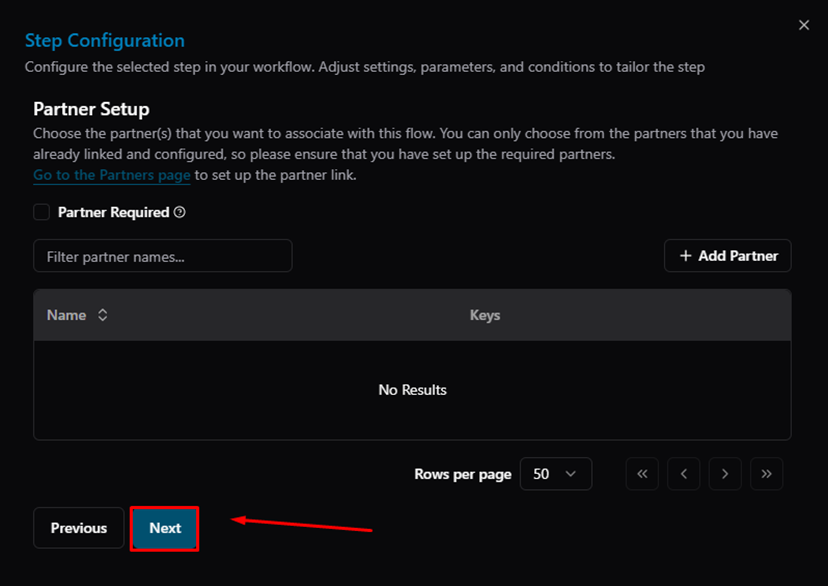 Title: Step Configuration — Partner Setup, Next button - Description: Step Configuration — Partner Setup, Next button
