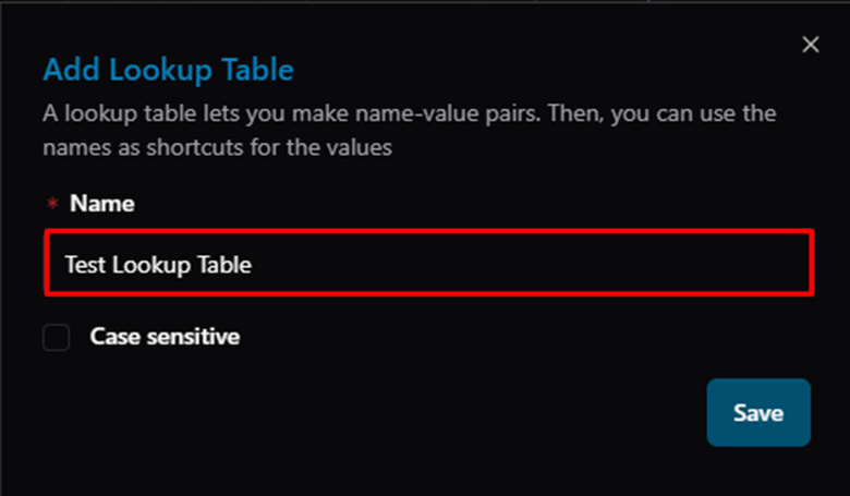 Title: Add Lookup Table dialog — enter Name - Description: Add Lookup Table dialog — enter Name