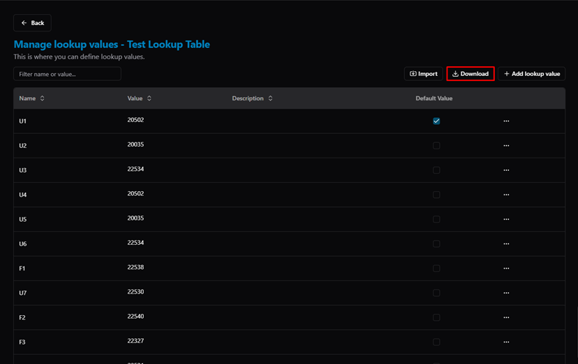Title: Manage Lookup Values — Download button highlighted - Description: Manage Lookup Values — Download button highlighted