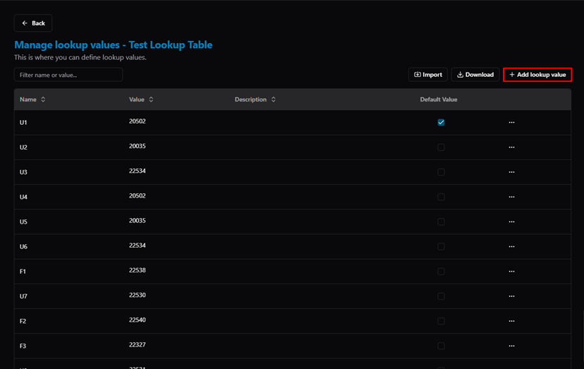 Title: Manage Lookup Values — + Add lookup value button - Description: Manage Lookup Values — + Add lookup value button