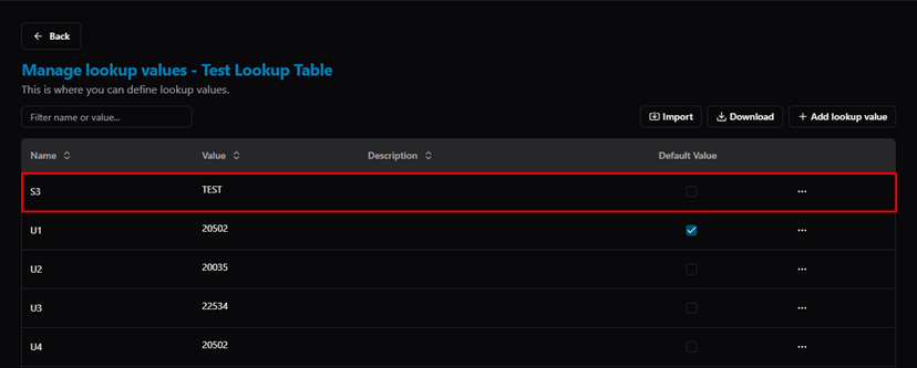 Title: Manage Lookup Values — newly added entry (S3 / TEST) at top of list - Description: Manage Lookup Values — newly added entry (S3 / TEST) at top of list