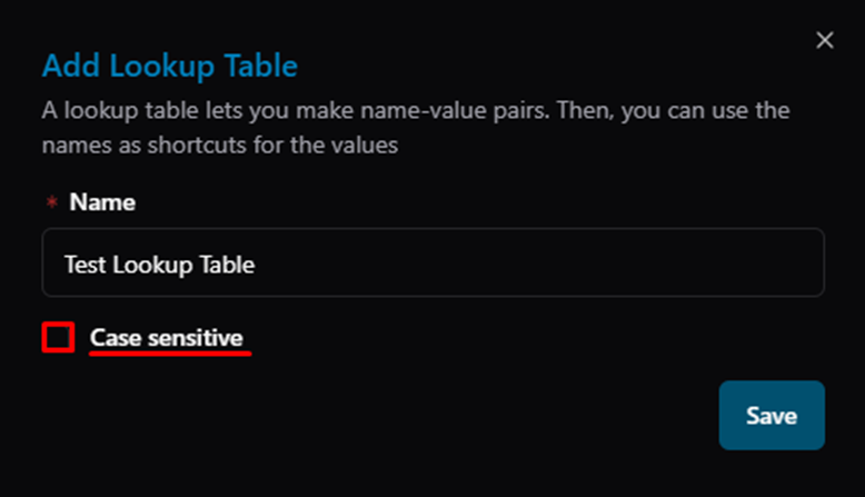 Title: Add Lookup Table dialog — Case Sensitive option - Description: Add Lookup Table dialog — Case Sensitive option