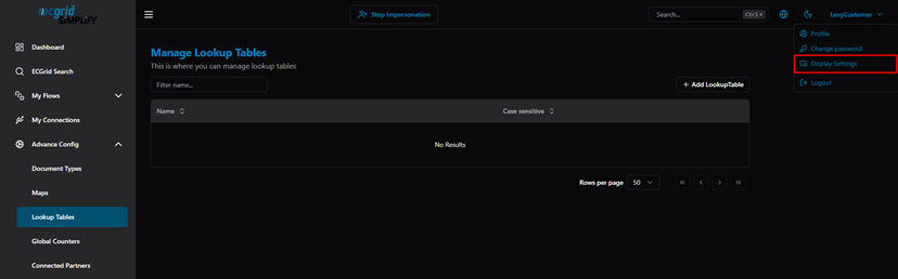 Title: User menu — Display Settings option - Description: User menu — Display Settings option