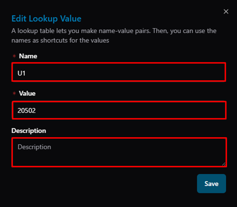 Title: Edit Lookup Value dialog — Name, Value, Description fields - Description: Edit Lookup Value dialog — Name, Value, Description fields