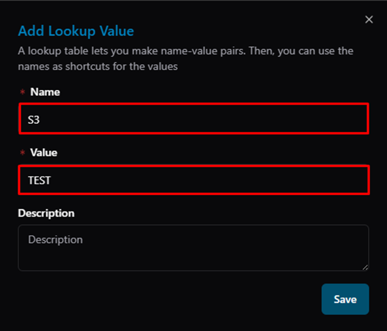 Title: Add Lookup Value dialog — enter Name and Value (required fields) - Description: Add Lookup Value dialog — enter Name and Value (required fields)
