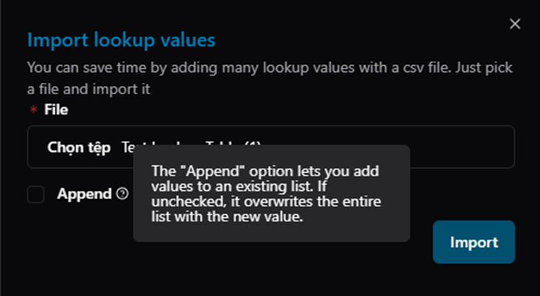 Title: Import dialog — Append tooltip: checked = add to existing list; unchecked = overwrite entire list - Description: Import dialog — Append tooltip: checked = add to existing list; unchecked = overwrite entire list