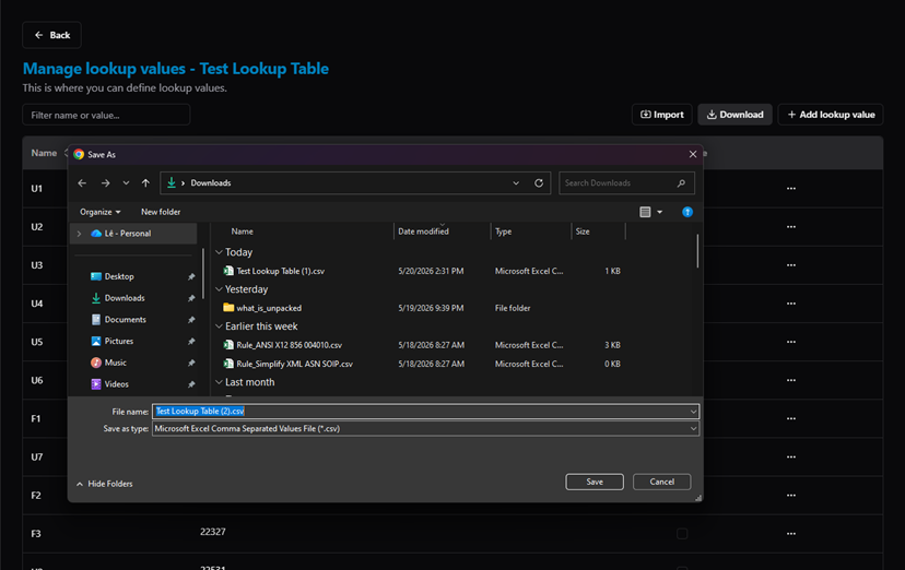 Title: Save As dialog — save exported CSV to local machine - Description: Save As dialog — save exported CSV to local machine