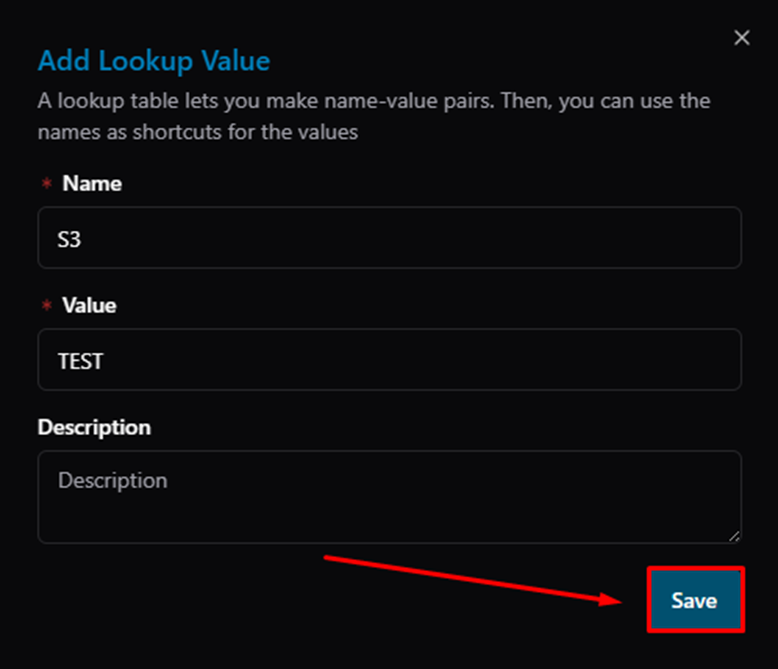 Title: Add Lookup Value dialog — click Save - Description: Add Lookup Value dialog — click Save