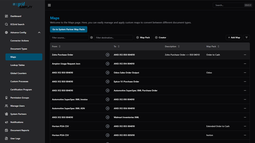 Title: Maps — list view (From, To, Description, Map Pack columns) with Go to System Partner Map Packs button - Description: Maps — list view (From, To, Description, Map Pack columns) with Go to System Partner Map Packs button