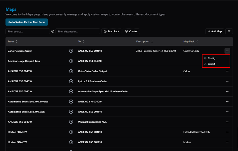 Title: Maps — actions menu (Config / Export) - Description: Maps — actions menu (Config / Export)