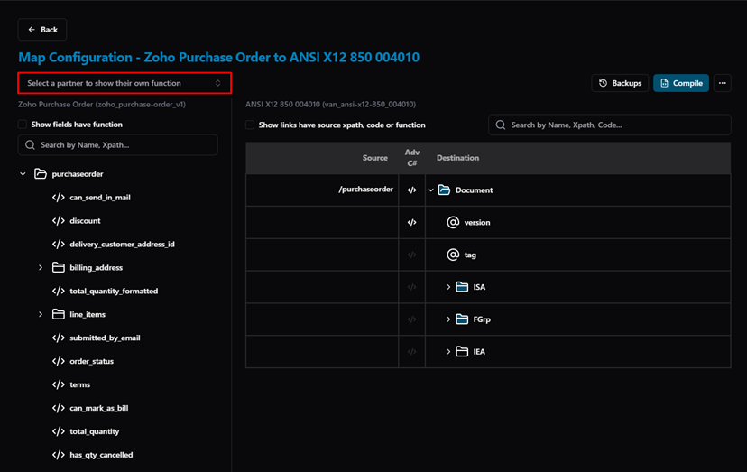 Title: Map Configuration — Select a partner dropdown (highlighted) - Description: Map Configuration — Select a partner dropdown (highlighted)