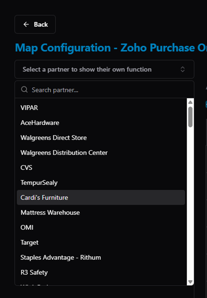 Title: Map Configuration — partner list for filtering partner-specific functions - Description: Map Configuration — partner list for filtering partner-specific functions