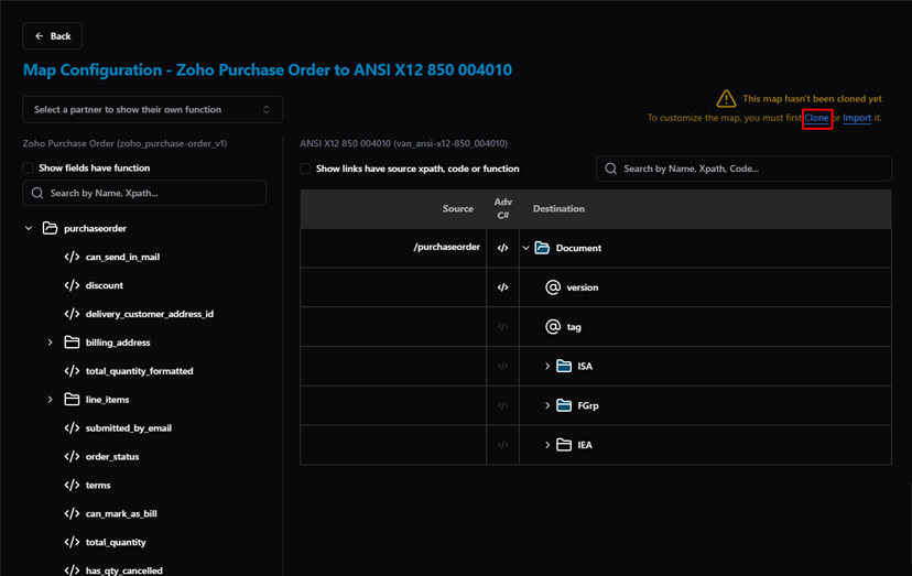 Title: Map Configuration — "This map hasn't been cloned yet" warning with Clone and Import links - Description: Map Configuration — "This map hasn't been cloned yet" warning with Clone and Import links