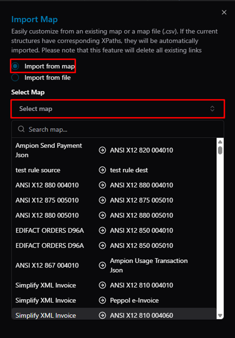 Title: Import Map dialog — Import from map option with Select Map dropdown - Description: Import Map dialog — Import from map option with Select Map dropdown