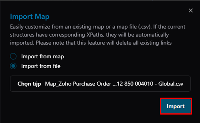 Title: Import Map dialog — file selected, click Import to confirm - Description: Import Map dialog — file selected, click Import to confirm