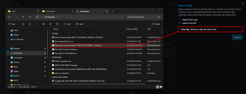 Title: Import Map dialog — Import from file option with file browser open - Description: Import Map dialog — Import from file option with file browser open