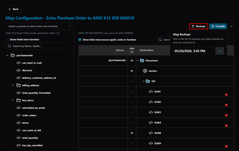 Title: Map Configuration — Backups panel showing saved versions with rollback option - Description: Map Configuration — Backups panel showing saved versions with rollback option