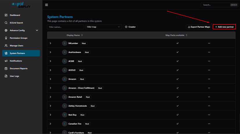 Title: System Partners — + Add new partner button - Description: System Partners — + Add new partner button