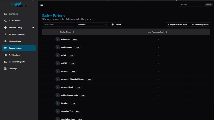 Title: System Partners — list of all partners (Host and custom), with Display Name and Map Packs available columns - Description: System Partners — list of all partners (Host and custom), with Display Name and Map Packs available columns