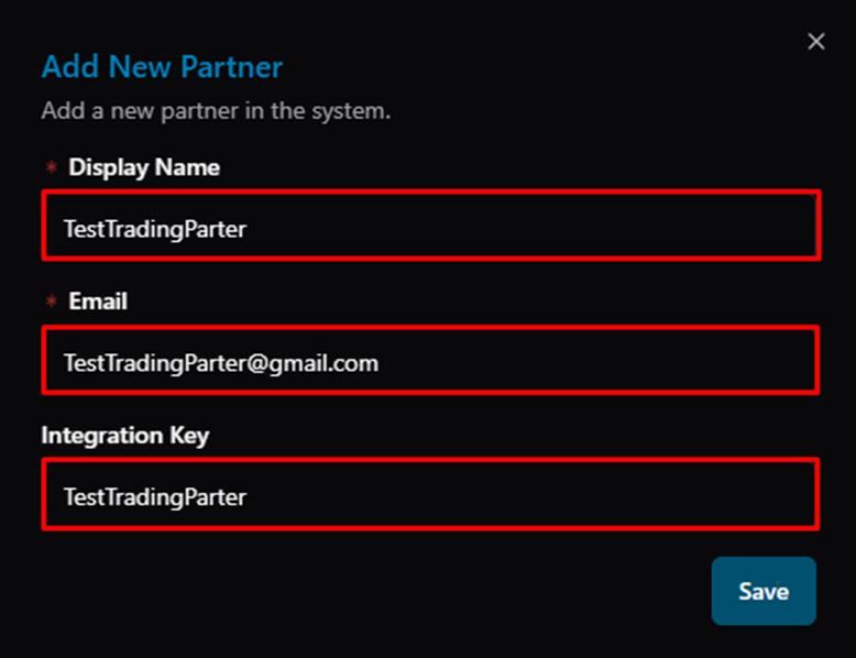 Title: Add New Partner dialog — Display Name, Email (required), and Integration Key fields - Description: Add New Partner dialog — Display Name, Email (required), and Integration Key fields